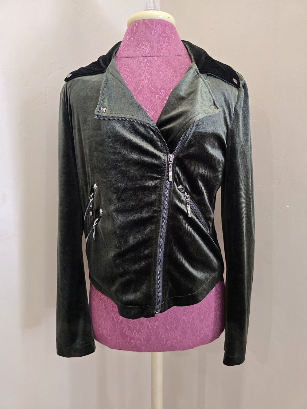 Badgley Mischka Green Velvet Moto Jacket Studded Zip Women's Small Grunge Goth
